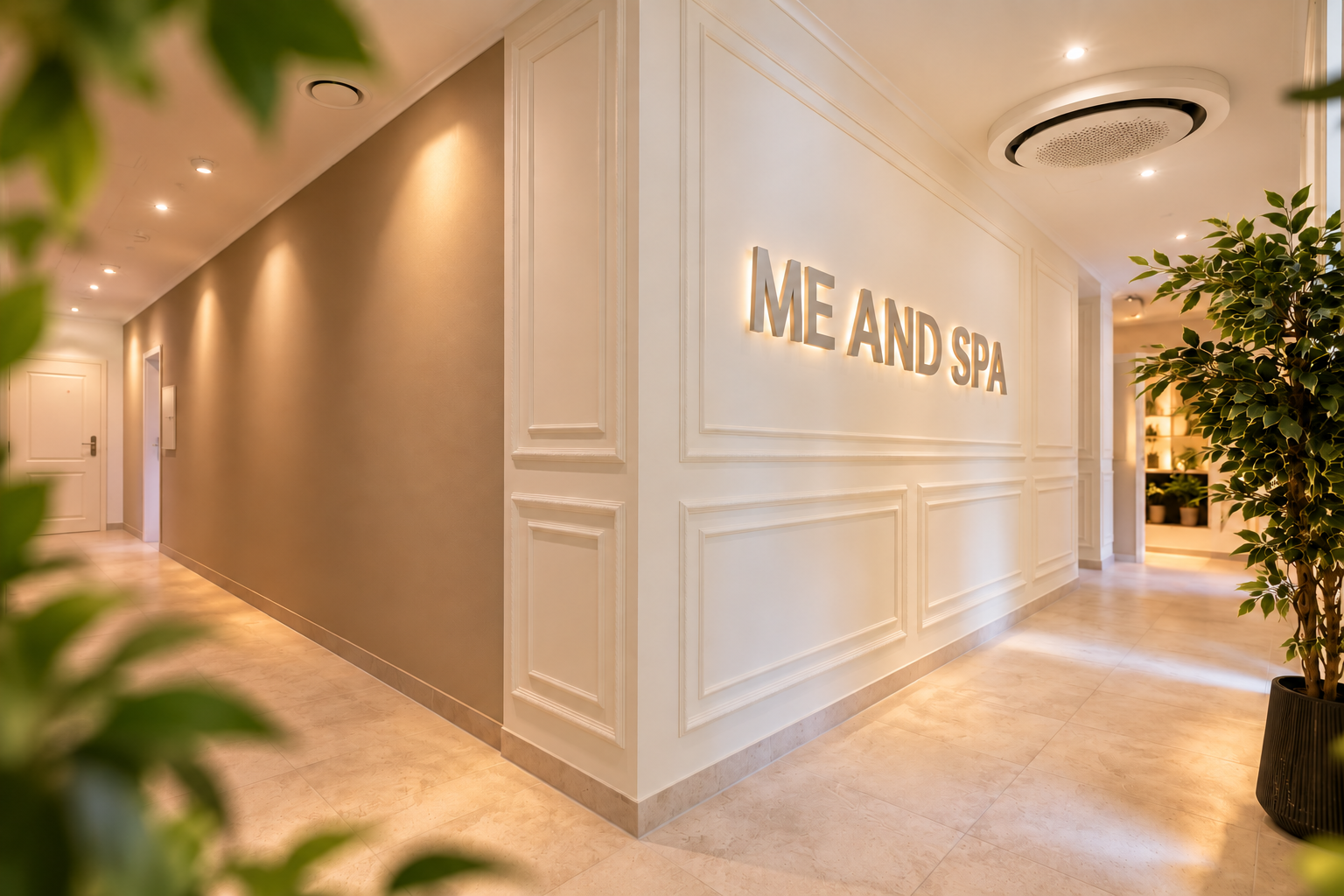 Eleganter Spa-Flur mit dezent beleuchtetem ME AND SPA-Schriftzug