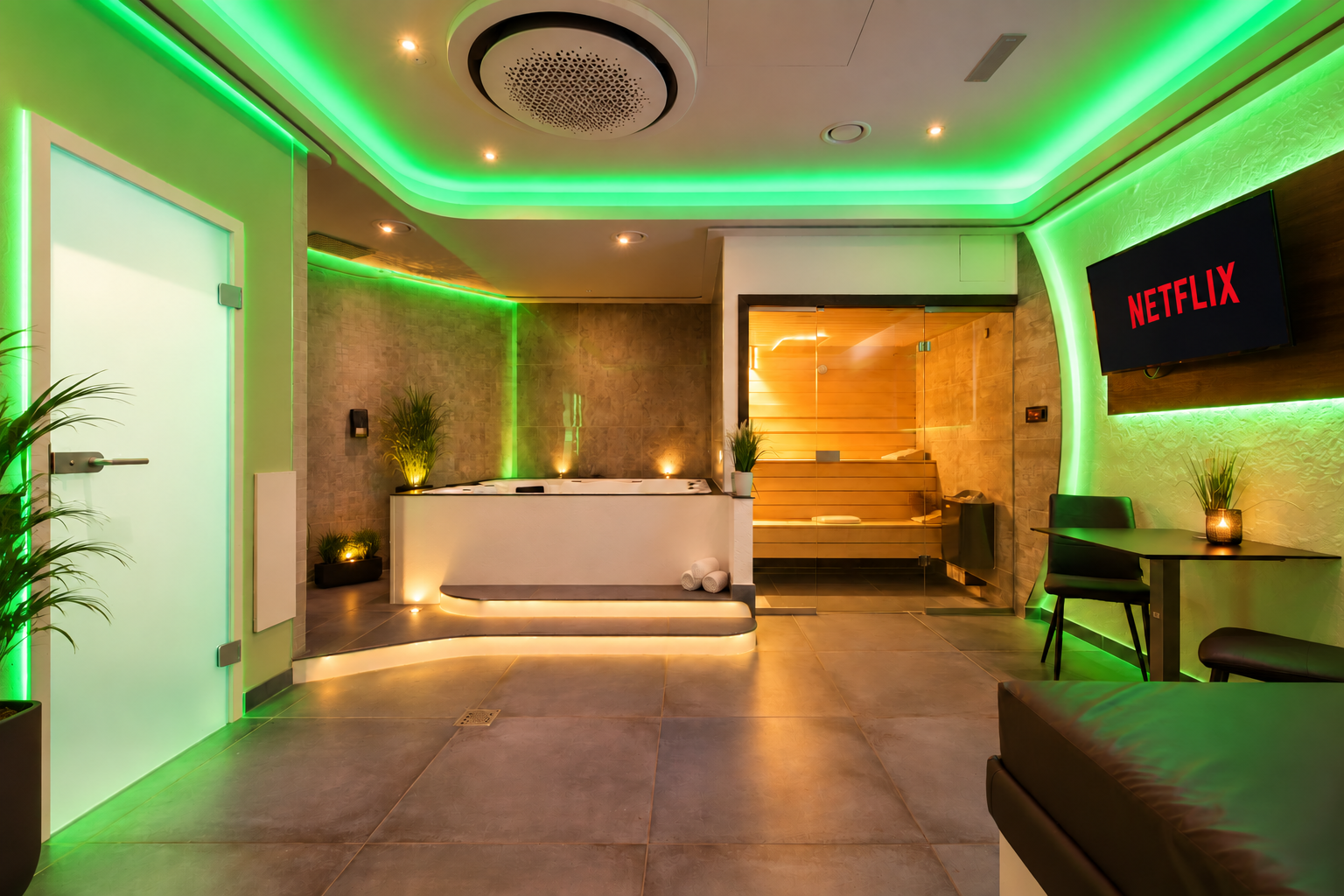 Private Wellness-Suite mit Netflix auf dem Fernseher